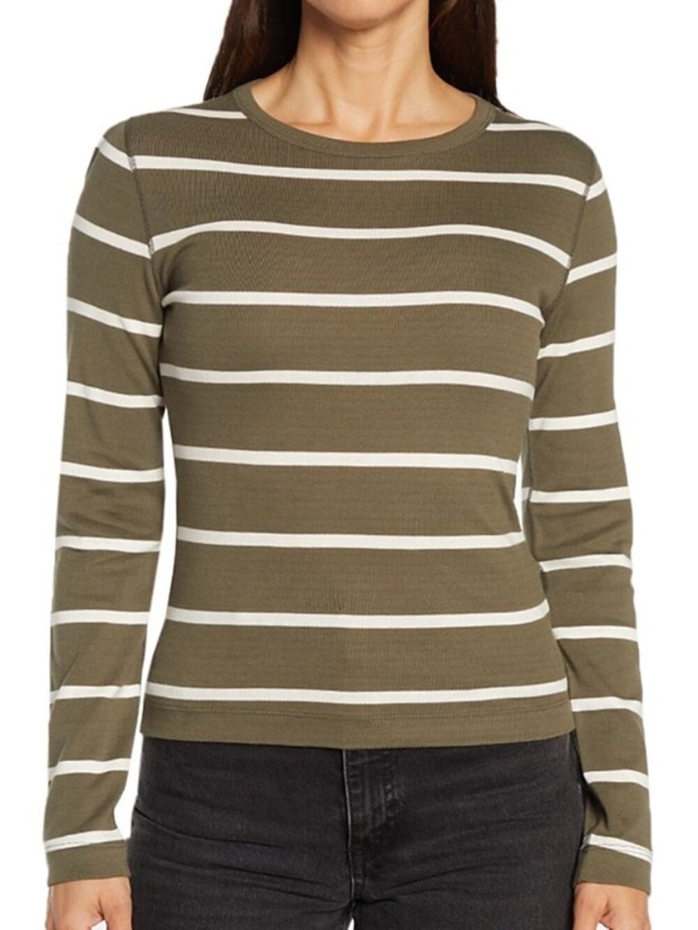 Three Dots Women's Size XS Stripe Long Sleeve Crew Neck Olive White Knit Top NEW